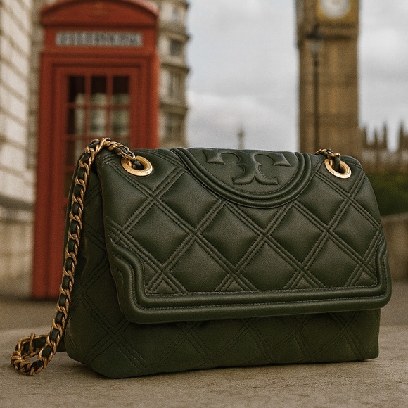 Tory Burch Sycamore Green Leather Soft Fleming Shoulder Bag with Chain Strap - Picture 1 of 15